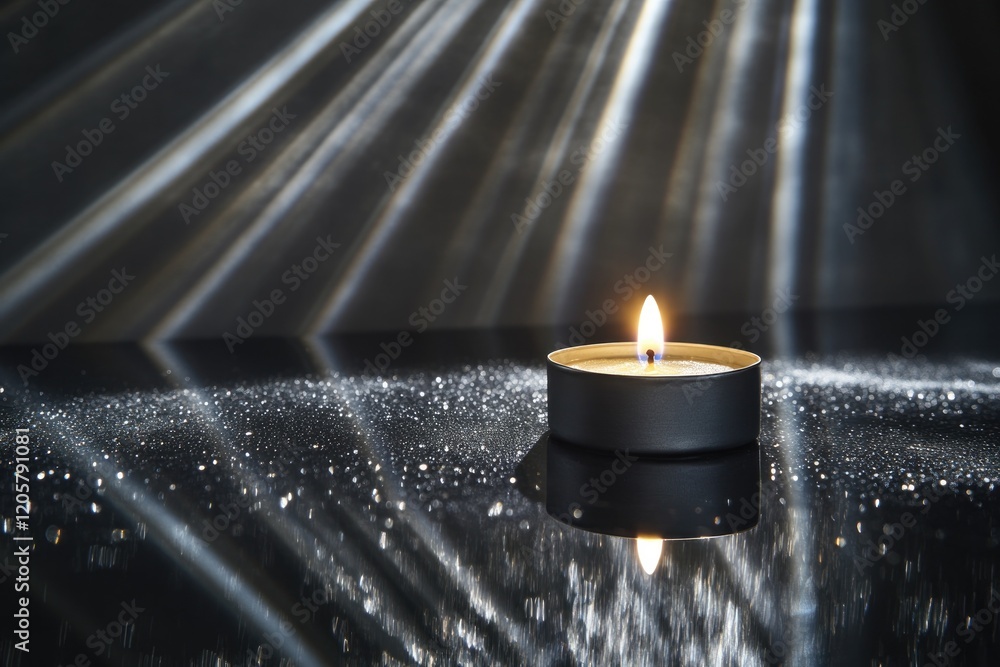 Poster close-up of single lit tealight placed on reflective black surface with soft light beams creating ca