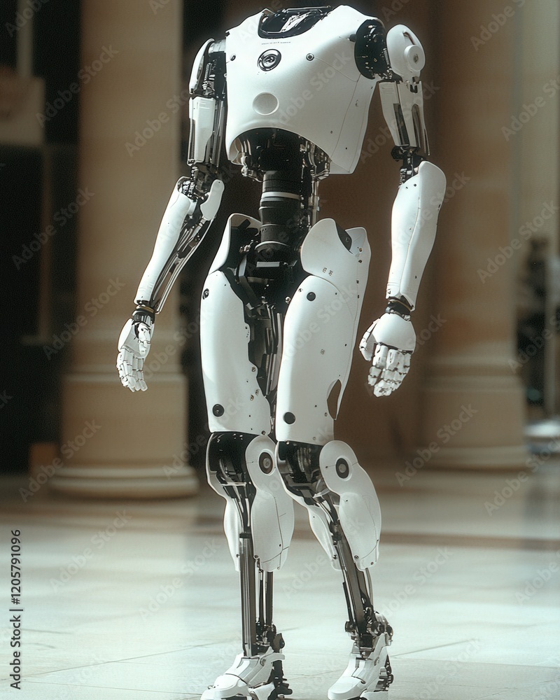 Poster a detailed humanoid robot stands in a classical building interior. the robot is primarily white with