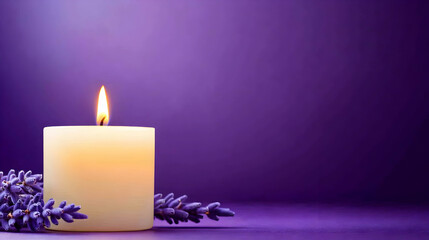 Candlelight flickers next to lavender, creating a peaceful and inviting ambiance