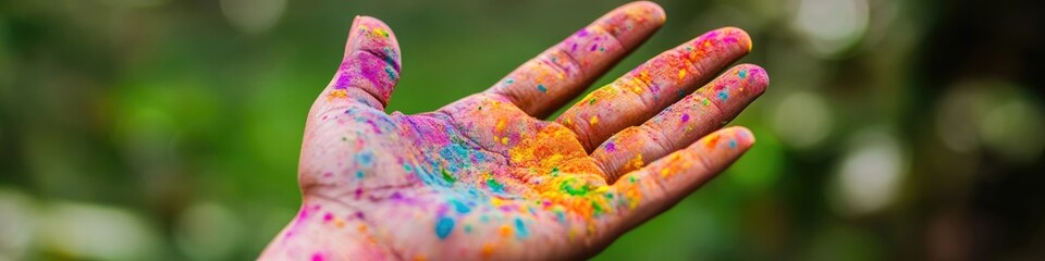 Fototapeta premium close-up of single hand covered in multicolored holi powders reaching out against blurred green background