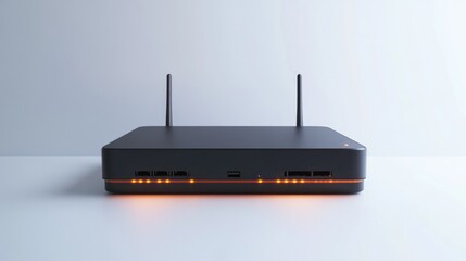 Modern router glowing, studio backdrop, internet connection