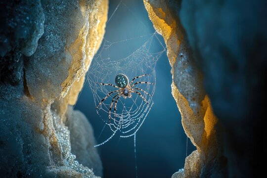 close-up of spider on delicate web spun between two jagged cave walls with dew drops glistening