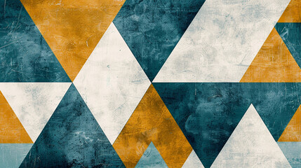 A minimalist abstract design featuring overlapping triangles in bold shades of teal, coral, and orange.