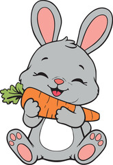 A gray bunny happily eating a carrot 