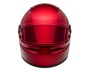 A red motorcycle full-face helmet with a glossy finish, front view,  isolated over transparent background, PNG cut-out