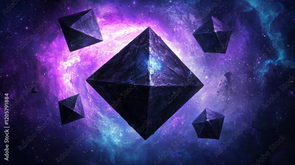 Aufkleber cosmic geometric scene with massive floating pyramids in a vibrant galactic background