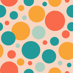 A playful, retro-inspired pattern featuring large, colorful dots in a random but balanced arrangement, with colors like turquoise, coral, and yellow on a pale pink background