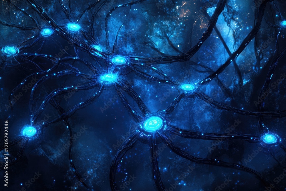 Poster conceptual digital network of interconnected nodes and glowing blue lines evoking themes of advanced
