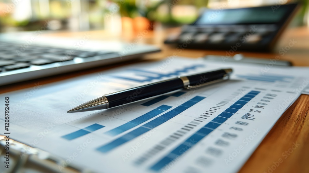 Poster Pen resting on financial charts with laptop and calculator in background, showing business analytics and planning