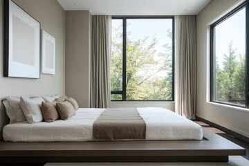 contemporary bedroom featuring platform bed neutral tones and large window letting in natural light