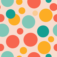 A playful, retro-inspired pattern featuring large, colorful dots in a random but balanced arrangement, with colors like turquoise, coral, and yellow on a pale pink background