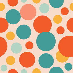 A playful, retro-inspired pattern featuring large, colorful dots in a random but balanced arrangement, with colors like turquoise, coral, and yellow on a pale pink background