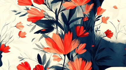 Abstract Painting of Red Flowers and Dark Branches