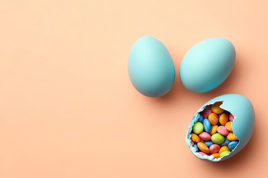 cracked pastel blue egg revealing colorful candy inside placed on soft peach background