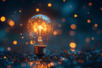 Bright light bulb shining on dark background symbolizing innovation