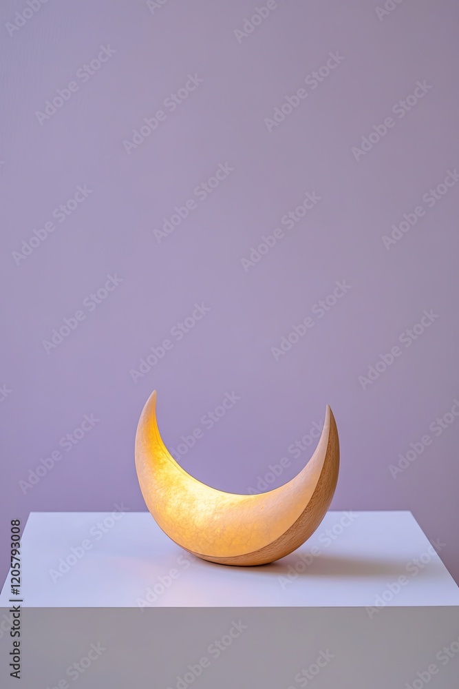 Poster crescent moon lamp resting on clean white table with soft lavender background
