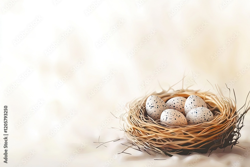 Poster digital vector illustration of single wicker nest with speckled eggs on soft cream background