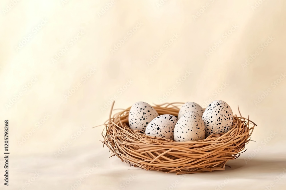 Poster digital vector illustration of single wicker nest with speckled eggs on soft cream background