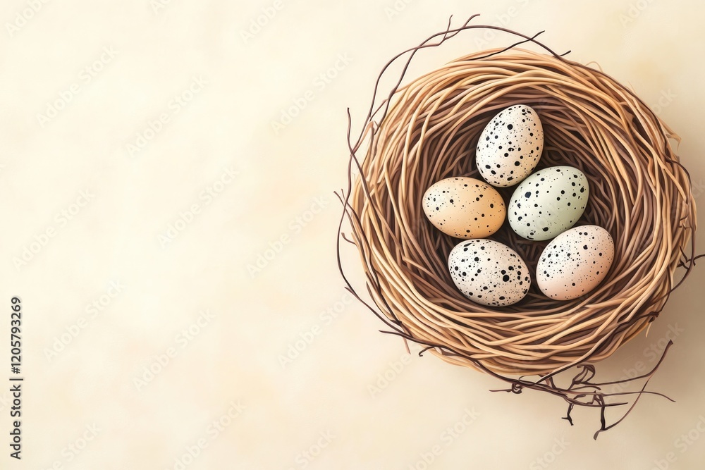 Poster digital vector illustration of single wicker nest with speckled eggs on soft cream background