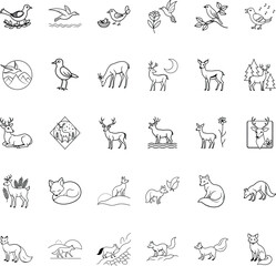 Wildlife Line Art Icons Birds, Deer, Foxes, Nature Symbols