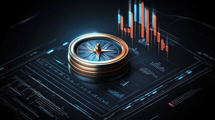 financial investment concept. Digital compass on a futuristic interface with rising data graphs, symbolizing navigation and analysis in technology.