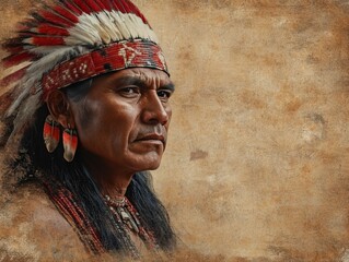 Obraz premium Portrait of a Native American man in traditional attire with a feathered headdress.