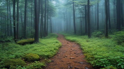 Fototapeta premium Misty forest path winding through lush green vegetation.