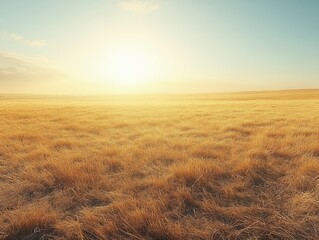 A serene landscape at sunrise, featuring golden grass under a clear blue sky.