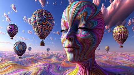 Serene alien face amidst colorful hot air balloons over surreal landscape; psychedelic art, fantasy