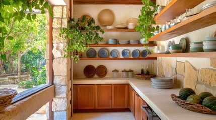 Open kitchen design featuring ceramic dishes with natural elements and stone countertops