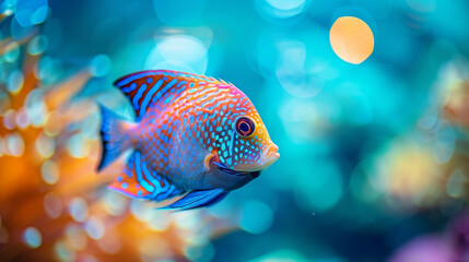 A vibrant close-up of a tropical fish swimming among coral reefs, with vivid blue and orange patterns glowing underwater.