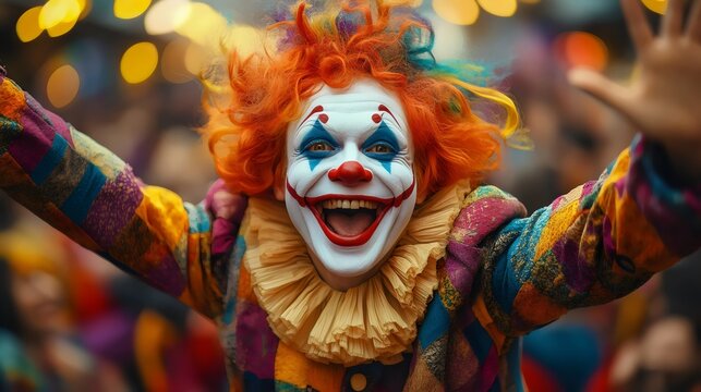 A clown with a red and white outfit is smiling and waving