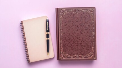 flat lay of notebook and pen resting beside closed book with elegant cover set on pastel background
