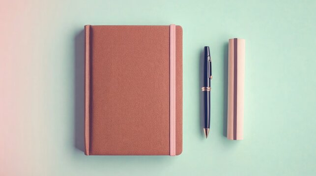 flat lay of notebook and pen resting beside closed book with elegant cover set on pastel background