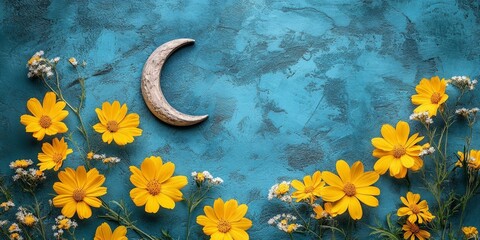A decorative crescent moon framed by golden flowers against a vibrant textured blue background. Ideal for art and decorative projects.