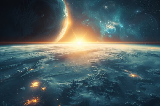 Space earth planet sunrise universe galaxy cosmic view outer space science astronomy exploration global view
