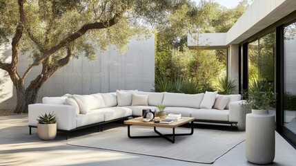 Tranquil outdoor patio with minimalist sectional sofa and greenery for relaxation