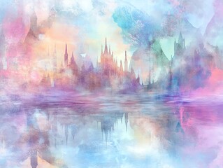 Dreamlike pastel castle reflected in a serene, misty lake.  Whimsical, ethereal artwork perfect for fantasy, fairytale, or magical themes.