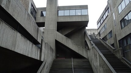 A striking brutalist building with sharp geometric forms and exposed concrete