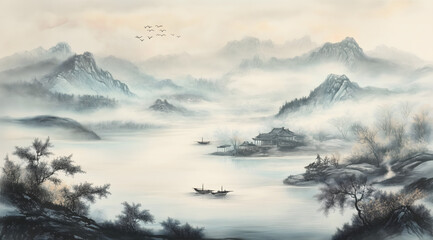 Chinese style ink painting of beautiful landscape	