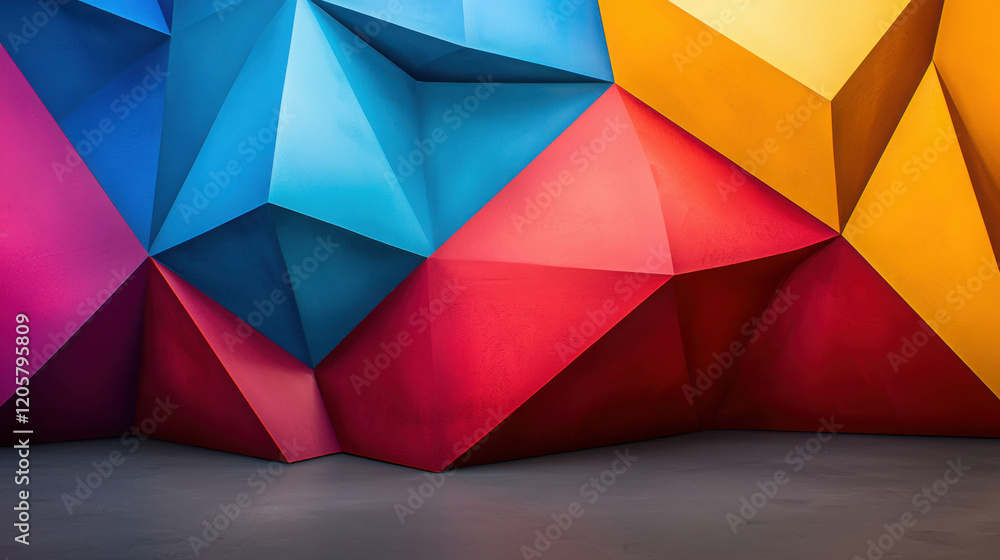 Poster dynamic geometric composition with colorful triangles and abstract shapes