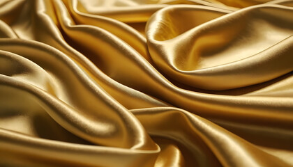 Close-up Gold Satin Texture Luxurious gold satin fabric with soft flowing waves. High-resolution 4K image showcasing smooth texture elegant folds and shimmering highlights. Perfect for premium designs