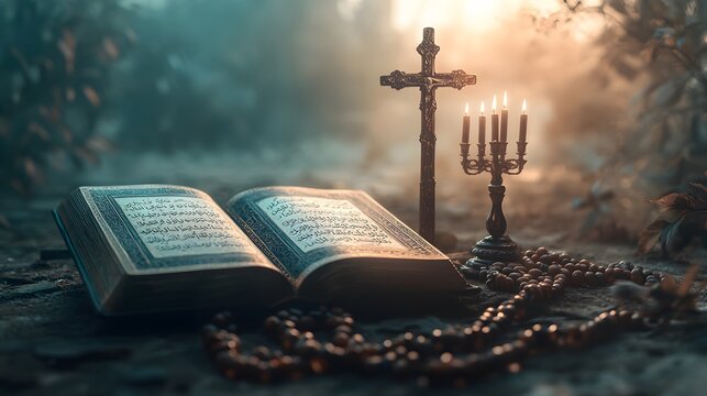 Holy Book Cross Candles And Prayer Beads At Dawn