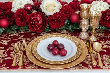 Elegant Christmas Table Setting with Red and Gold Accents and Floral Centerpiece