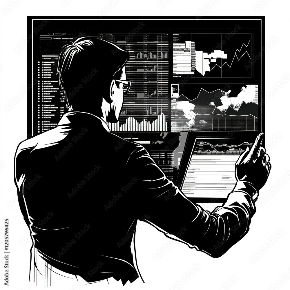 Poster a man is looking at a computer screen with a lot of graphs and numbers