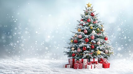 Obraz premium Festive Snow Covered Christmas Tree with Presents and Lights