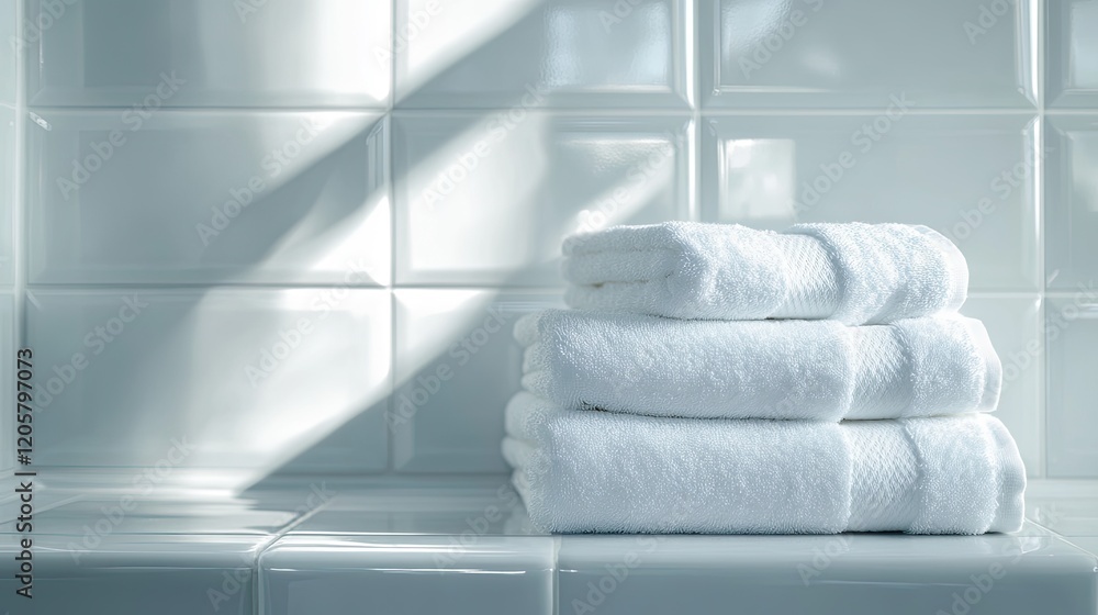 Poster minimalistic bathroom scene with sparkling tiles and neatly folded towels providing ample copy space