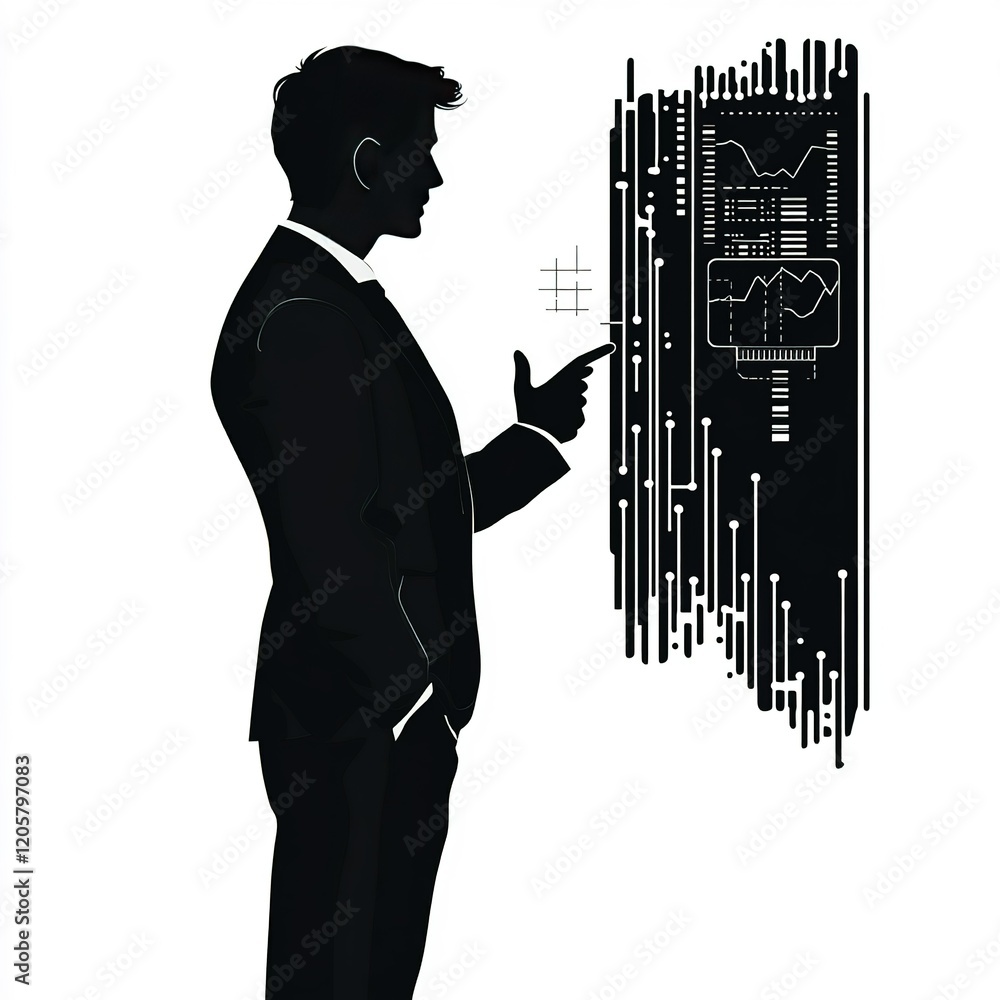 Poster a man in a suit is pointing at a computer screen