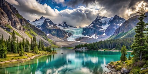 Naklejka premium Serene glacial lake nestled amidst towering snow-capped peaks and lush evergreen forests under a dramatic sky