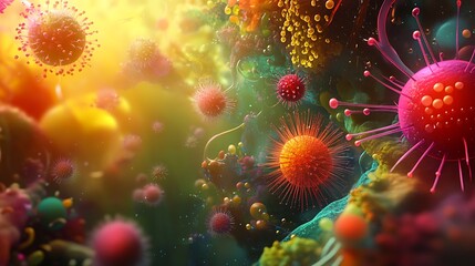 Fototapeta premium A vibrant microcosm of colorful, spiky microorganisms in a swirling, ethereal setting